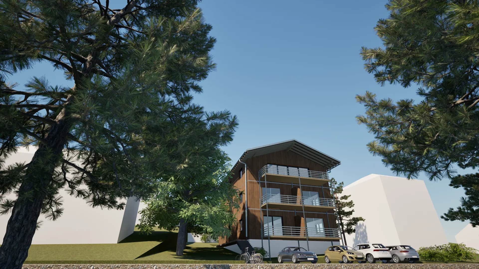 Modernes Holzhaus — Rendering eines geplanten Einfamilienhauses in Holzrahmenbauweise, Berlin & Brandenburg